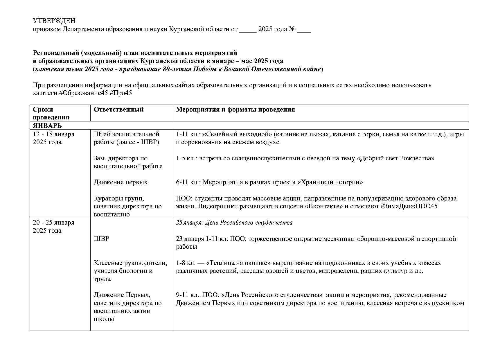 Региональный (модельный) план воспитательных мероприятий в образовательных организациях Курганской области в январе – мае 2025 года.